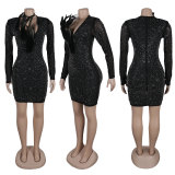 Hot Diamond Perspective Mesh Spliced V-neck Feather Elastic Slim Fit Dress