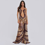 Hanging strap hollowed out pleated lace slit dress
