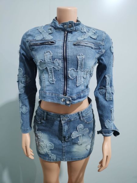 2 piece set of fashionable patch denim short skirt for denim suit