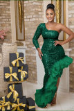 Beaded single shoulder mesh patchwork irregular dress