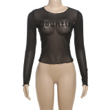 Mesh digital printed round neck slim fit with exposed navel