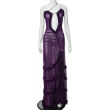 Hanging strap hollowed out pleated lace slit dress