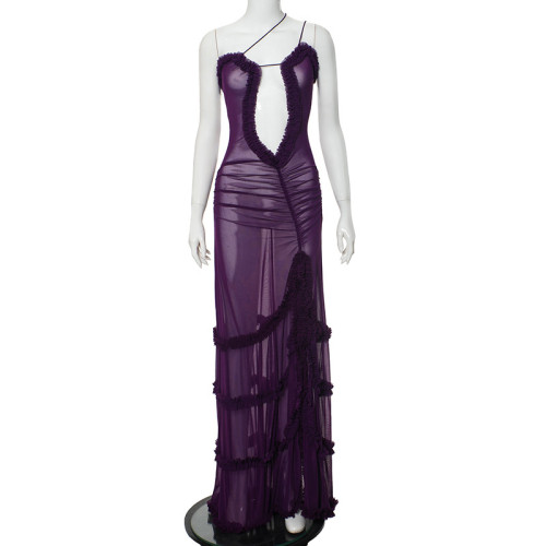 Hanging strap hollowed out pleated lace slit dress