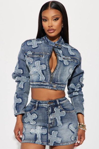 2 piece set of fashionable patch denim short skirt for denim suit