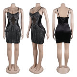 Sexy hot diamond velvet patchwork mesh perspective bag buttocks strap short skirt