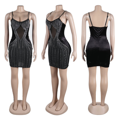 Sexy hot diamond velvet patchwork mesh perspective bag buttocks strap short skirt