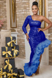 Beaded single shoulder mesh patchwork irregular dress