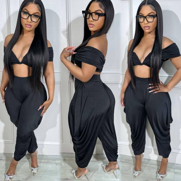 One shoulder sleeveless deep V-pleated pants set