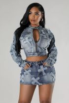 2 piece set of fashionable patch denim short skirt for denim suit