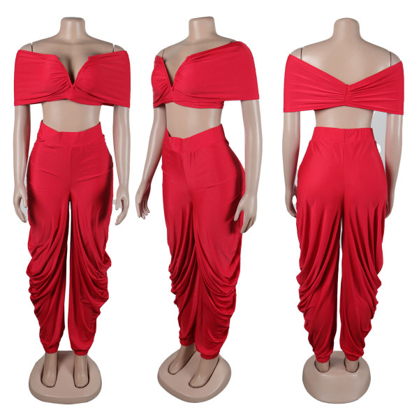 One shoulder sleeveless deep V-pleated pants set