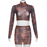 Open navel tight fitting long sleeved mesh top sexy high waisted short skirt set