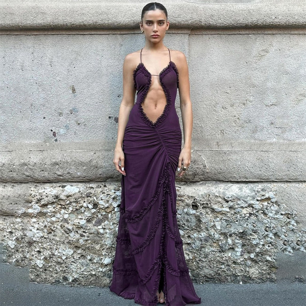 Hanging strap hollowed out pleated lace slit dress