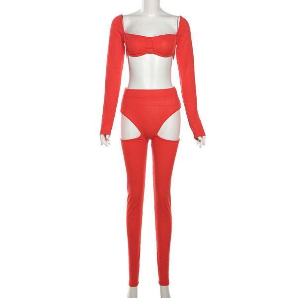 Open navel slim fit lace up long sleeved top, high waisted hollow out tight pants set