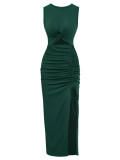 Solid round neck slit dress