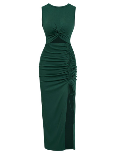 Solid round neck slit dress