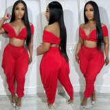One shoulder sleeveless deep V-pleated pants set