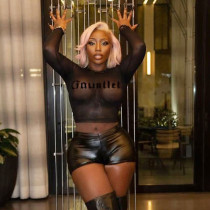 Mesh digital printed round neck slim fit with exposed navel