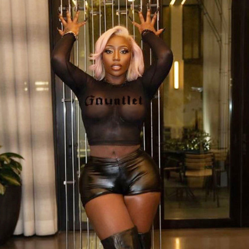 Mesh digital printed round neck slim fit with exposed navel