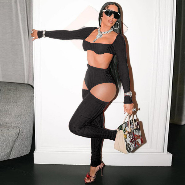 Open navel slim fit lace up long sleeved top, high waisted hollow out tight pants set