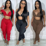 One shoulder sleeveless deep V-pleated pants set