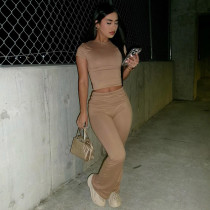 Round,neck,short,sleeved,T-shirt,top,with,rolled,over,waist,design,,two,piece,long,pants,set