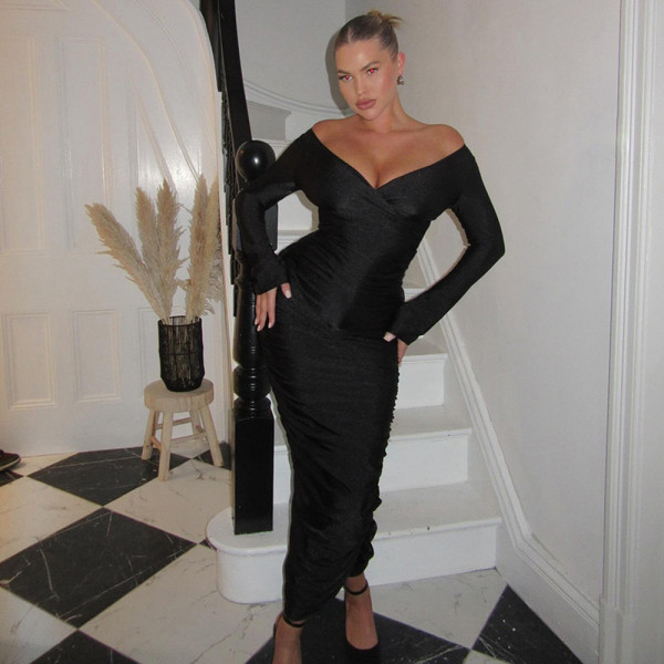Cross,V-neck,long,sleeved,pleated,waist,cinched,dress
