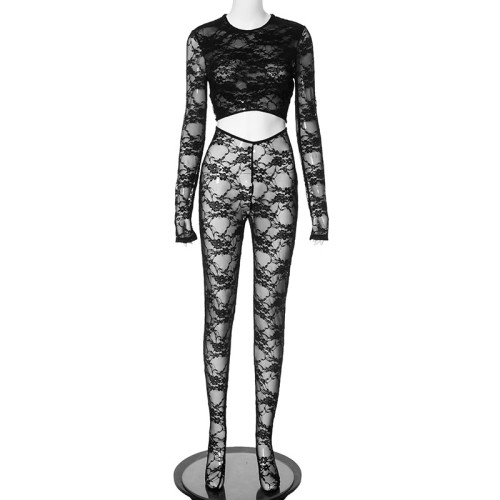 Sexy,lace,patchwork,long,sleeved,hollow,out,jumpsuit,with,exposed,navel