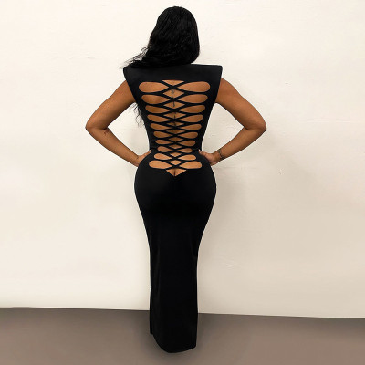 Solid,color,standing,collar,sleeveless,back,hollowed,out,design,casual,dress