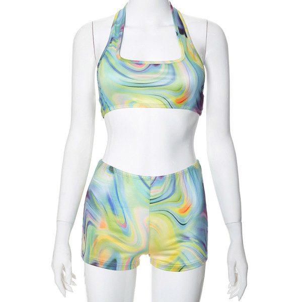 Printed,hanging,neck,vest,top,elastic,shorts,sports,set
