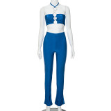 Splicing,hollow,hanging,neck,short,top,and,tight,pants,set