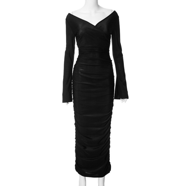 Cross,V-neck,long,sleeved,pleated,waist,cinched,dress