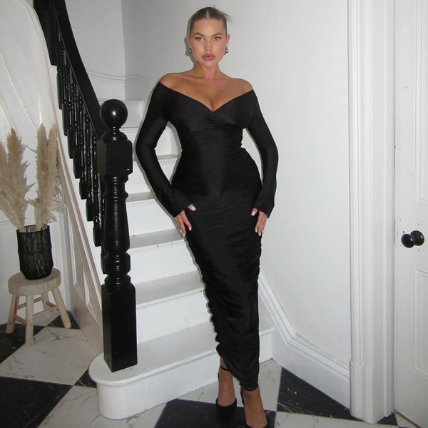Cross,V-neck,long,sleeved,pleated,waist,cinched,dress