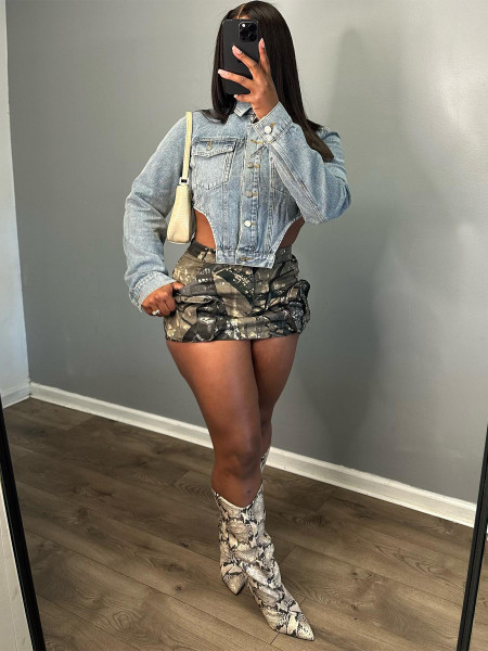 Irregular side hollow short denim top