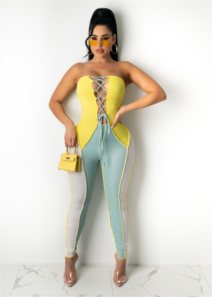 Wrapped chest sexy strap contrasting hollow out jumpsuit