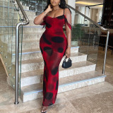 Printed dress with sleeveless backpack and hip skirt