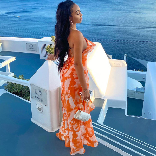 Printed sexy deep V-neck strap backless irregular hem dress