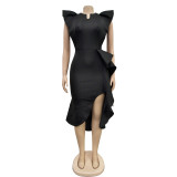 Women's solid color belt ruffled irregular dress