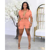 Solid color shirt buckle collar short sleeved shorts two-piece set