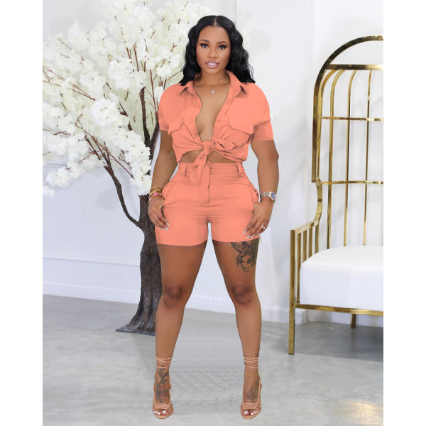 Solid color shirt buckle collar short sleeved shorts two-piece set
