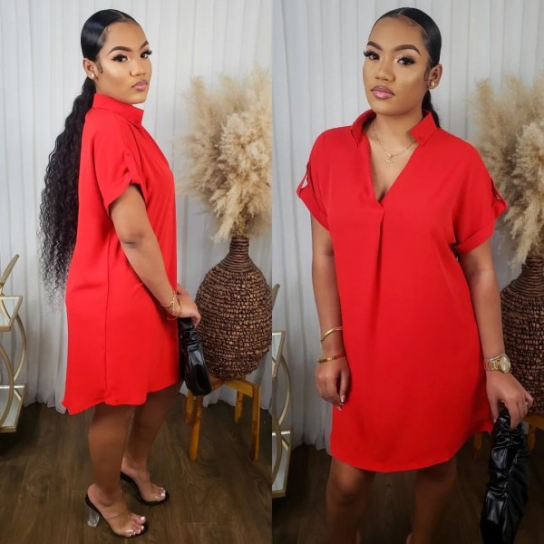 V-neck short sleeved medium length shirt with a flip collar and solid color dress
