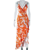 Printed sexy deep V-neck strap backless irregular hem dress