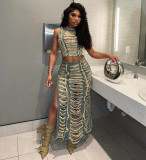 Personalized handmade distressed vest with slit denim skirt