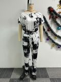 Printed short sleeved one shoulder elastic elastic slim fit jumpsuit