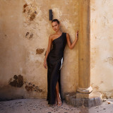 Slim fit single shoulder slit sexy satin dress