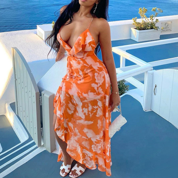 Printed sexy deep V-neck strap backless irregular hem dress