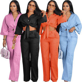 Fashionable solid color stand up collar temperament casual two-piece set