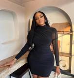 Women's solid color round neck long sleeved top pullover dress