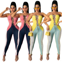 Wrapped chest sexy strap contrasting hollow out jumpsuit