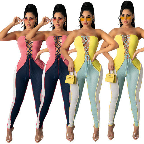 Wrapped chest sexy strap contrasting hollow out jumpsuit