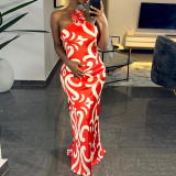 Feeling Sleeveless Hanging Neck 3D Flower Decoration Wrapped Hip Dress
